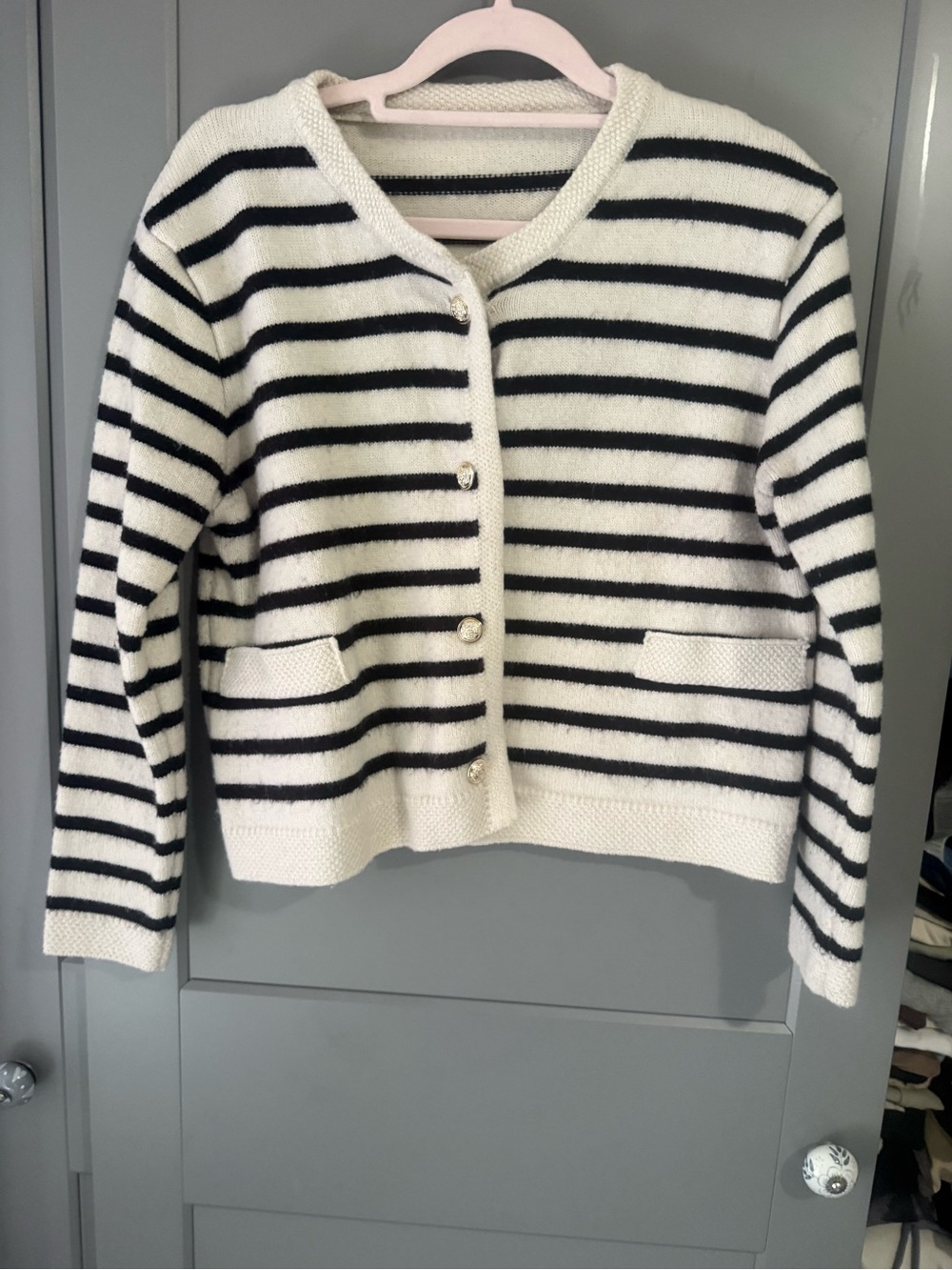 Striped Gold Button-Front Cardigan Sweater - Black & White